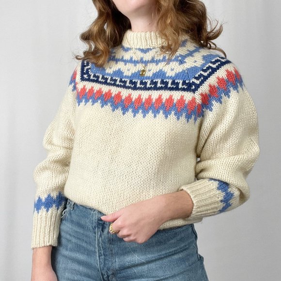 Vintage Sweaters - Vintage Fair Isle 100% Wool Hand Knit Oversized Chunky Crew Neck Nordic Sweater